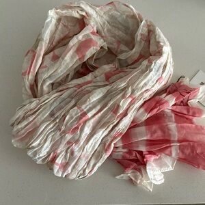 Coach Coral White Stripe Crinkle Oblong Scarf Silk Cotton